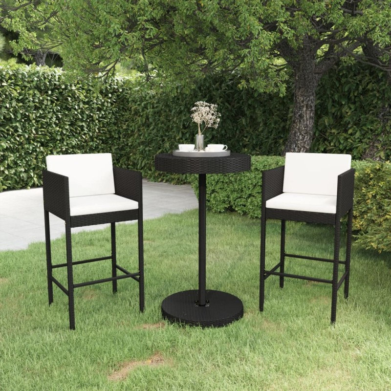 vidaXL Set muebles bar jardín 3 piezas y cojines ratán sintético negro vidaXL Set muebles bar jardín 3 piezas y cojines ratán sintético negro