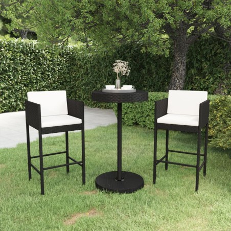 vidaXL Set muebles bar jardín 3 piezas y cojines ratán sintético negro