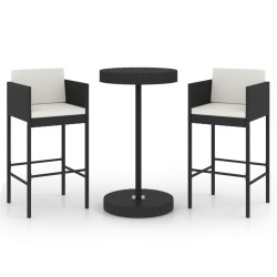vidaXL Set muebles bar jardín 3 piezas y cojines ratán sintético negro