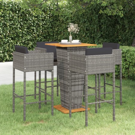 vidaXL Set muebles de bar jardín 5 pzas y cojines ratán sintético gris