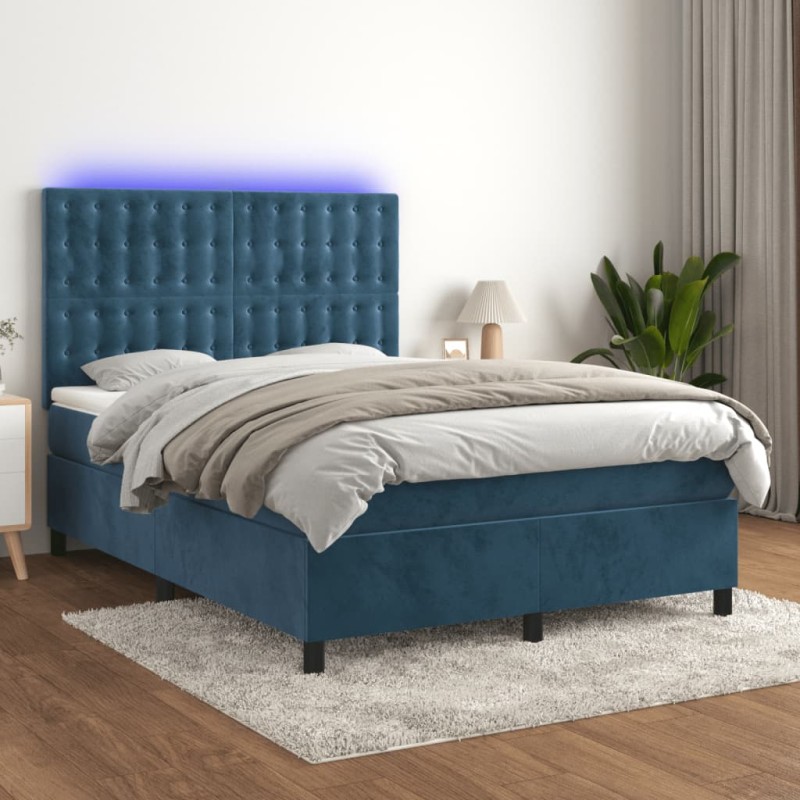 vidaXL Cama box spring colchón y LED terciopelo azul oscuro 140x190 cm vidaXL Cama box spring colchón y LED terciopelo azul oscuro 140x190 cm
