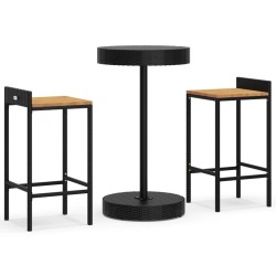 vidaXL Mesa bar y taburetes jardín 3 pzas madera acacia ratán PE negro