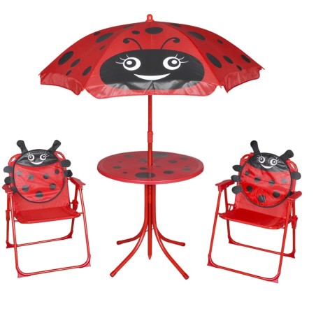 vidaXL Set mesa y sillas de jardín infantil 3 pzas con sombrilla rojo