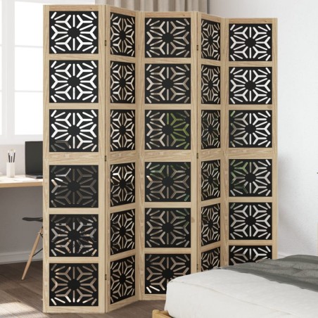 vidaXL Biombo separador 5 paneles madera maciza Paulownia marrón negro