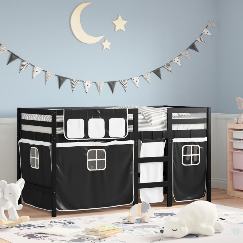 vidaXL Cama alta niños con cortinas madera pino blanco negro 80x200 cm