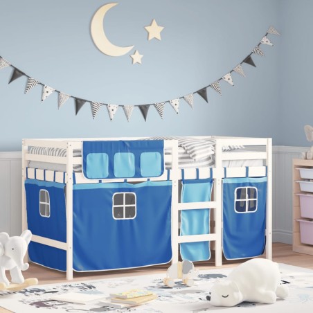 vidaXL Cama alta para niños con cortinas madera pino azul 90x200 cm