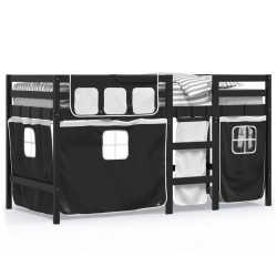 vidaXL Cama alta niños con cortinas madera pino blanco negro 90x200 cm