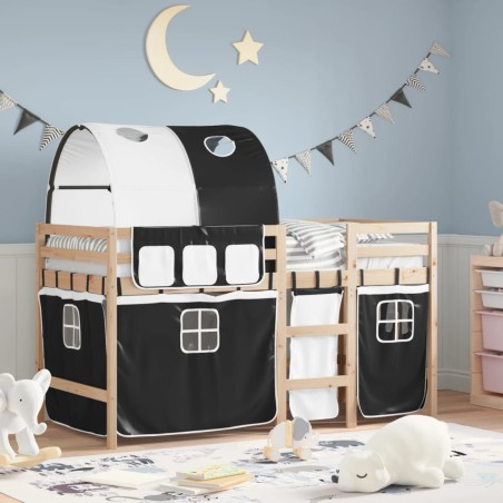 vidaXL Cama alta niños con túnel madera pino blanco negro 80x200 cm