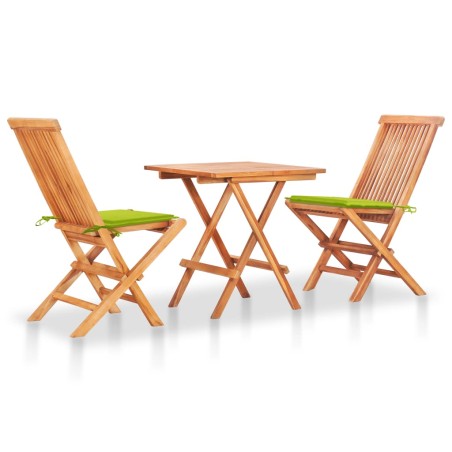 vidaXL Set de bistró 3 pzs cojines verde brillante madera maciza teca 
