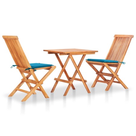 vidaXL Set de bistró 3 piezas con cojines azul madera maciza teca 