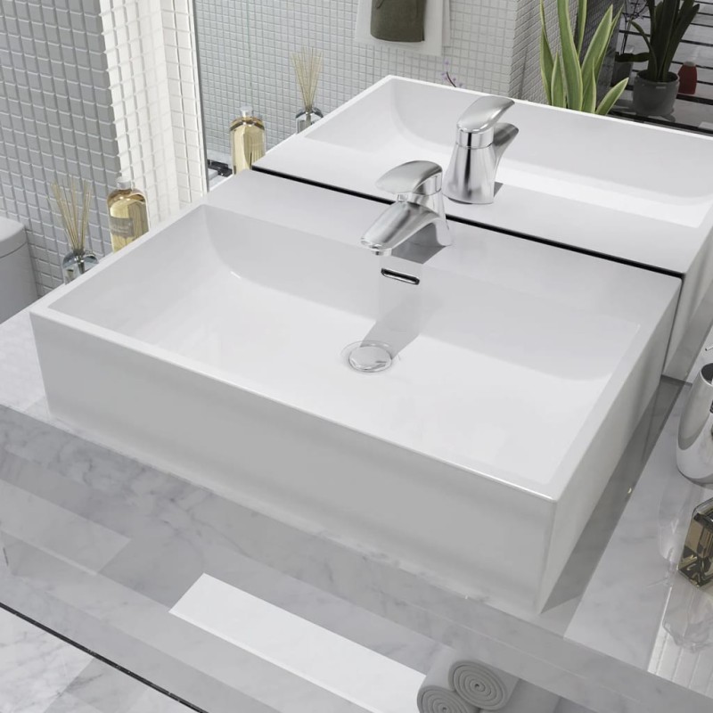vidaXL Lavabo con orificio para grifo cerámica 60,5x42,5x14,5 cm blanco vidaXL Lavabo con orificio para grifo cerámica 60,5x42,5x14,5 cm blanco