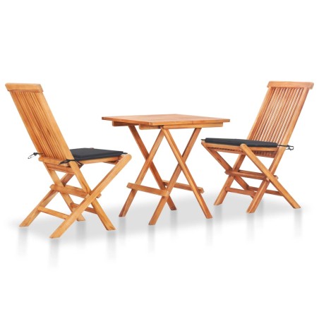 vidaXL Set de bistró 3 pzas con cojines antracita madera maciza teca 