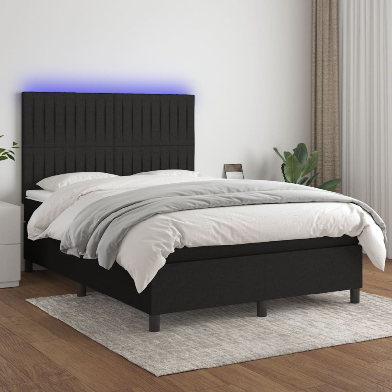 vidaXL Cama box spring colchón y luces LED tela negro 140x200 cm vidaXL Cama box spring colchón y luces LED tela negro 140x200 cm