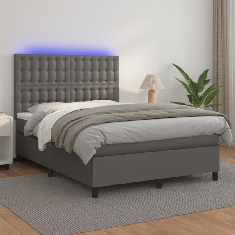 vidaXL Cama box spring colchón y LED cuero sintético gris 140x200 cm vidaXL Cama box spring colchón y LED cuero sintético gris 140x200 cm