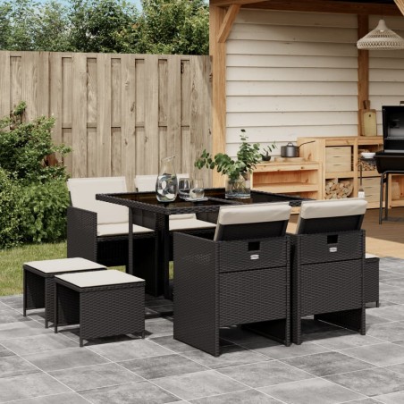 vidaXL Set de comedor de jardín 9 pzas y cojines ratán sintético negro