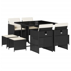vidaXL Set de comedor de jardín 9 pzas y cojines ratán sintético negro