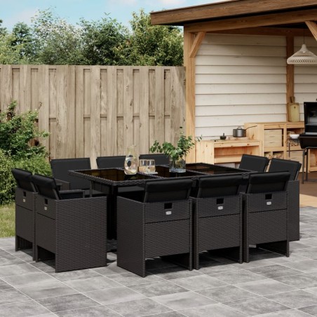 vidaXL Set de comedor jardín 11 pzas con cojines ratán sintético negro
