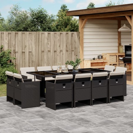 vidaXL Set comedor de jardín con cojines 13 pzas ratán sintético negro