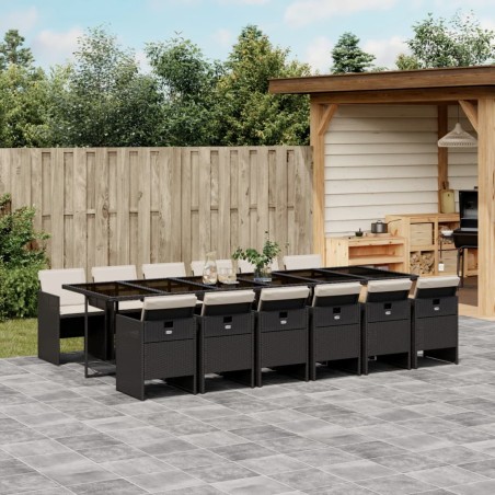vidaXL Set comedor de jardín con cojines 13 pzas ratán sintético negro