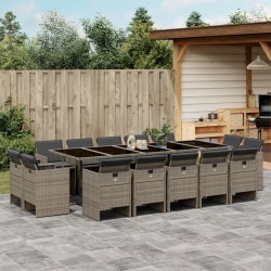 vidaXL Set comedor de jardín con cojines 15 pzas ratán sintético gris