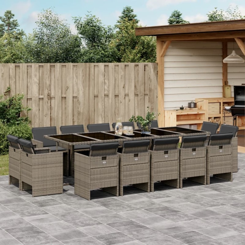 vidaXL Set comedor de jardín con cojines 15 pzas ratán sintético gris vidaXL Set comedor de jardín con cojines 15 pzas ratán sintético gris