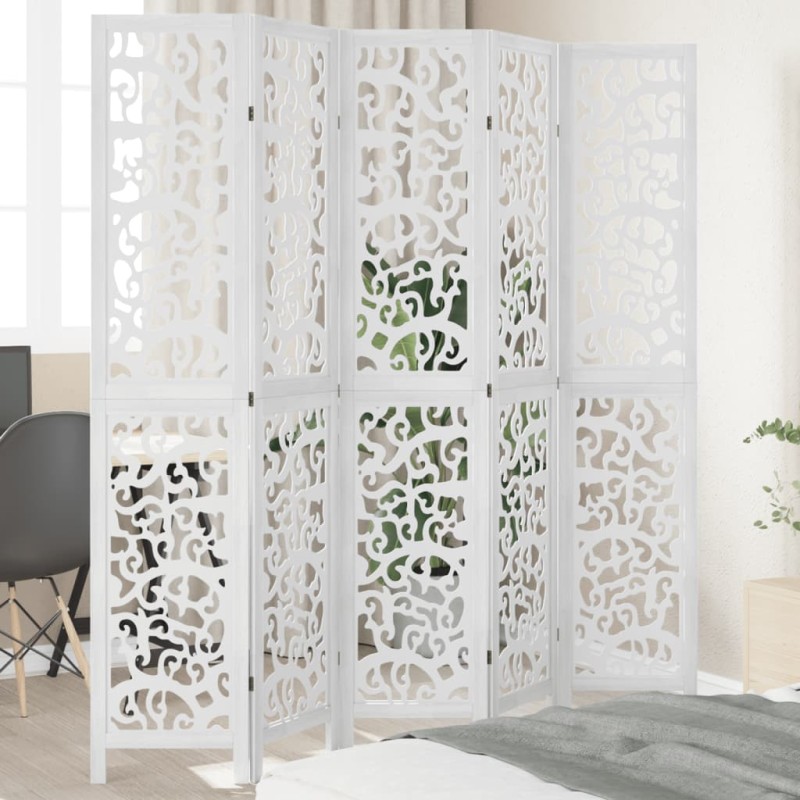 vidaXL Biombo separador de 5 paneles madera maciza Paulownia blanco vidaXL Biombo separador de 5 paneles madera maciza Paulownia blanco