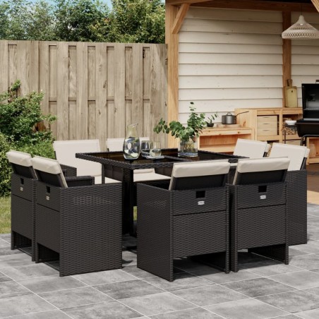 vidaXL Set de comedor de jardín 9 pzas y cojines ratán sintético negro