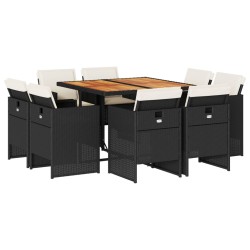vidaXL Set de comedor de jardín 9 pzas y cojines ratán sintético negro
