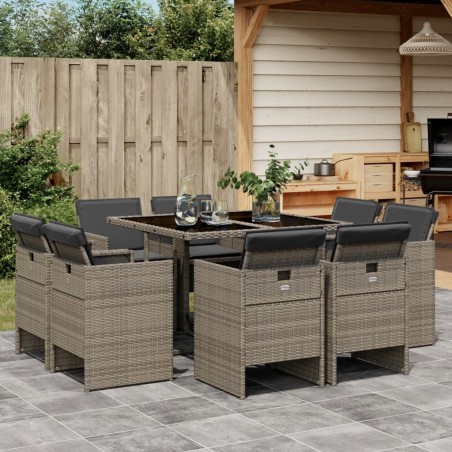 vidaXL Set comedor jardín 9 pzas y cojines ratán sintético gris