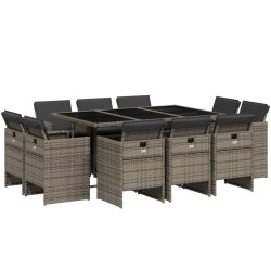 vidaXL Set de comedor de jardín 11 pzas y cojines ratán sintético gris