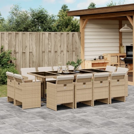 vidaXL Set comedor de jardín con cojines 13 pzas ratán sintético beige