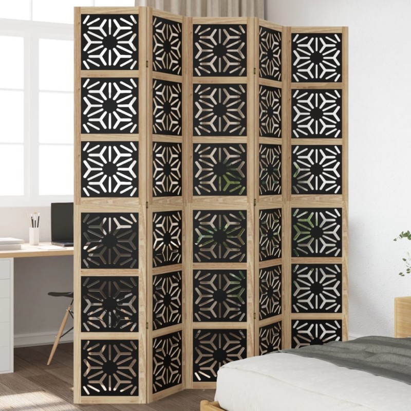 vidaXL Biombo separador 5 paneles madera maciza Paulownia marrón negro vidaXL Biombo separador 5 paneles madera maciza Paulownia marrón negro