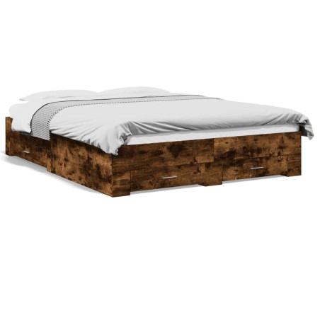 vidaXL Cama con cajones madera de ingeniería roble ahumado 150x200 cm