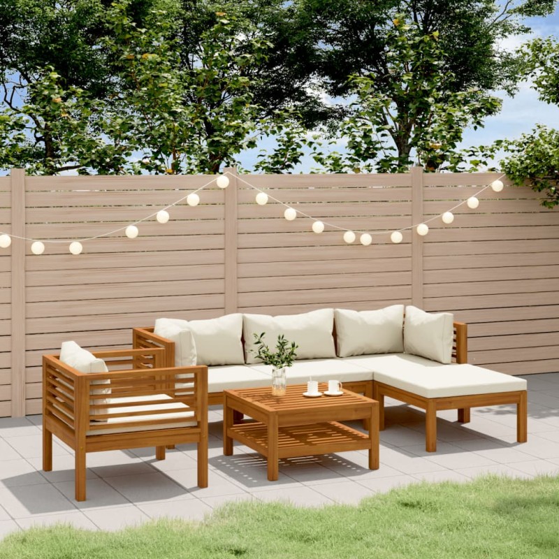 vidaXL Muebles de jardín 6 pzas cojines crema madera maciza de acacia vidaXL Muebles de jardín 6 pzas cojines crema madera maciza de acacia