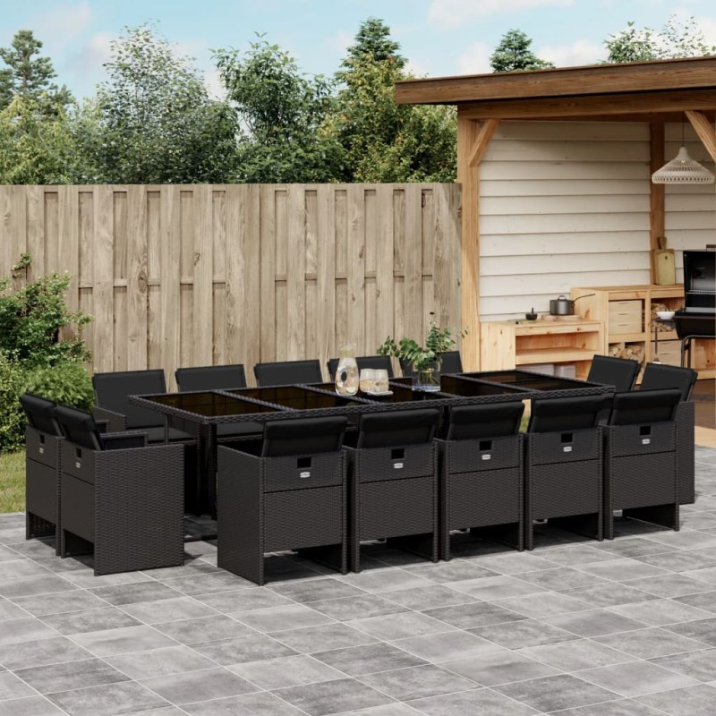 vidaXL Set comedor de jardín con cojines 15 pzas ratán sintético negro
