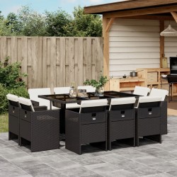 vidaXL Set de comedor jardín 11 pzas con cojines ratán sintético negro