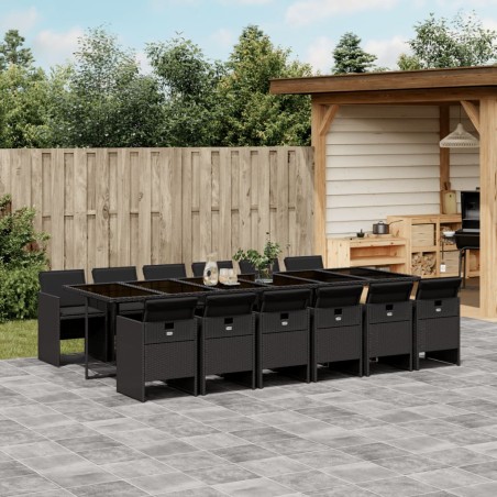 vidaXL Set comedor de jardín con cojines 13 pzas ratán sintético negro