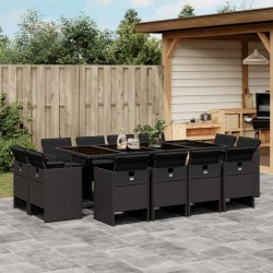 vidaXL Set comedor de jardín con cojines 13 pzas ratán sintético negro