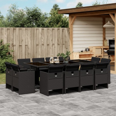 vidaXL Set comedor de jardín con cojines 13 pzas ratán sintético negro