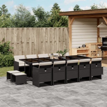 vidaXL Set comedor de jardín con cojines 15 pzas ratán sintético negro