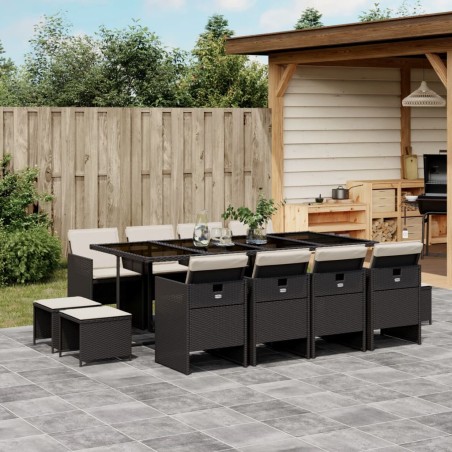 vidaXL Set comedor de jardín con cojines 13 pzas ratán sintético negro