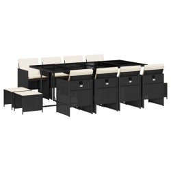 vidaXL Set comedor de jardín con cojines 13 pzas ratán sintético negro