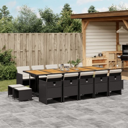 vidaXL Set comedor de jardín con cojines 15 pzas ratán sintético negro