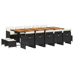 vidaXL Set comedor de jardín con cojines 15 pzas ratán sintético negro