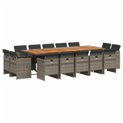 vidaXL Set comedor de jardín con cojines 15 pzas ratán sintético gris
