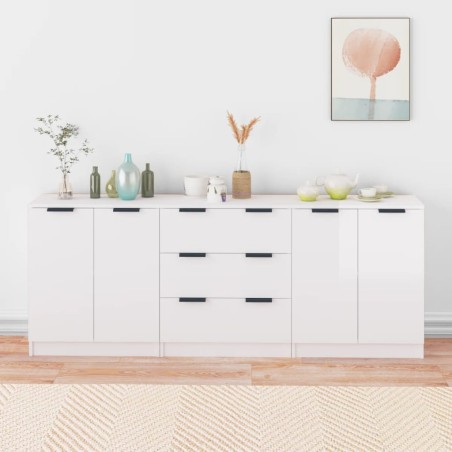 vidaXL Aparador de 3 piezas madera contrachapada blanca brillante