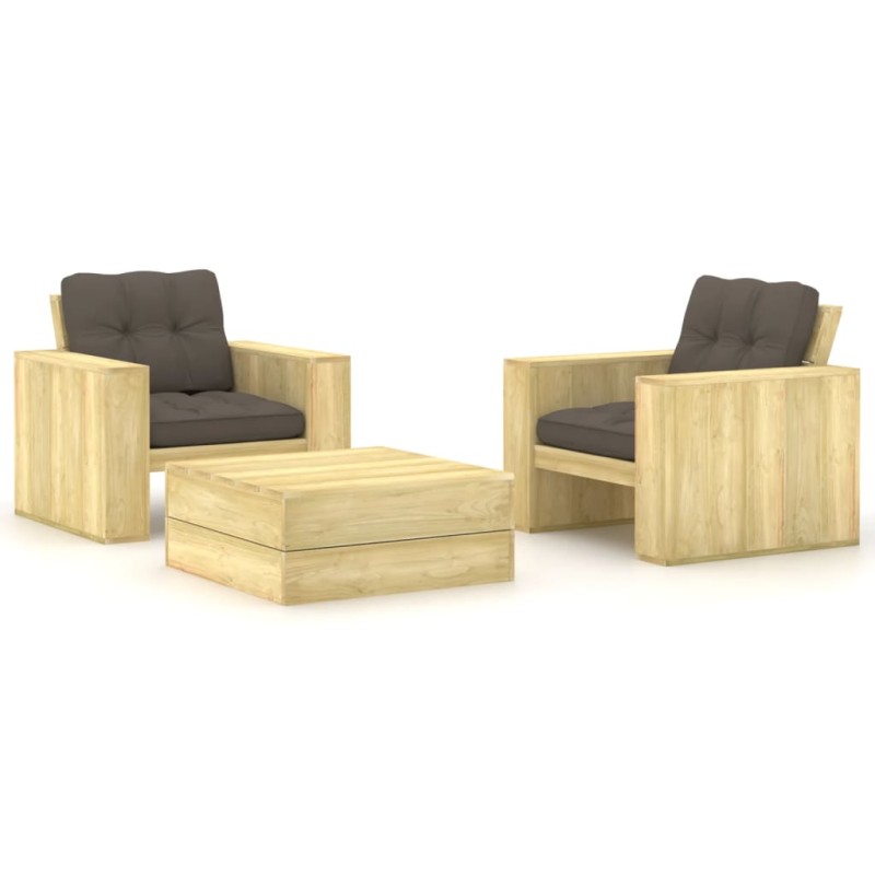 vidaXL Set muebles de jardín y cojines 3 pzas madera pino impregnada vidaXL Set muebles de jardín y cojines 3 pzas madera pino impregnada