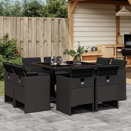 vidaXL Set de comedor de jardín 9 pzas y cojines ratán sintético negro