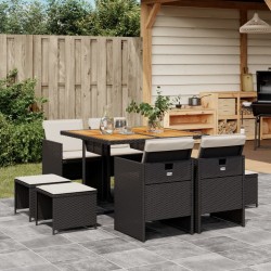 vidaXL Set de comedor de jardín 9 pzas y cojines ratán sintético negro