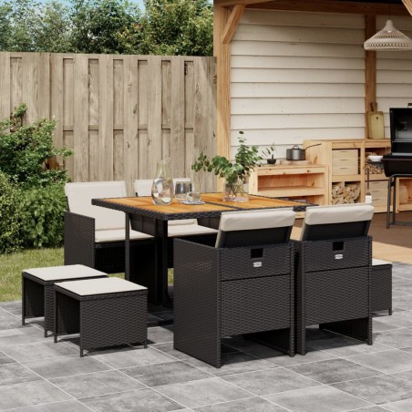 vidaXL Set de comedor de jardín 9 pzas y cojines ratán sintético negro